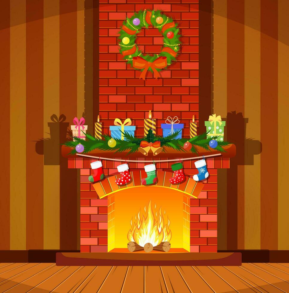 Red brick classic fireplace with socks, candle balls gifts and wreath. Happy new year decoration. Merry christmas holiday. New year and xmas celebration. Vector illustration in flat style