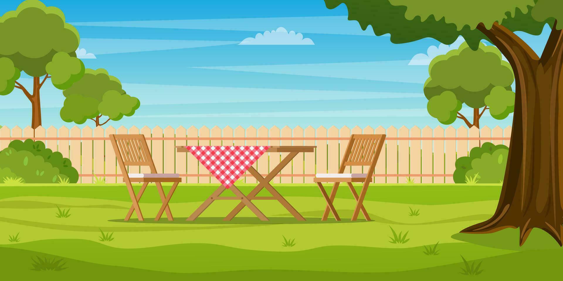 House backyard with green grass lawn, trees and bushes. Cartoon table and chairs garden modern furniture. Outdoor area for BBQ summer parties. Patio area. Vector illustration in flat style