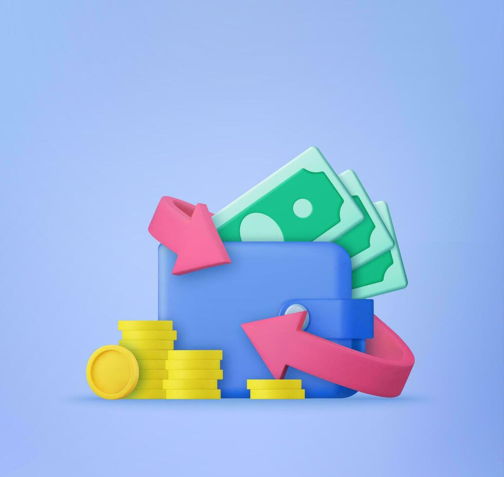 devolución de dinero en billetera icono concepto. flotante con flecha débito ,crédito tarjeta Finanzas compras en línea pagos intercambio. 3d representación. vector ilustración