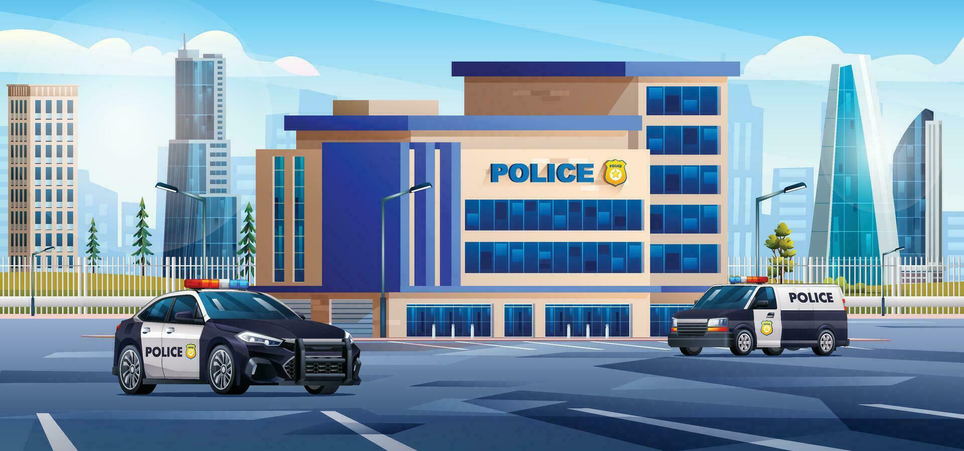 Police station building with patrol cars and city landscape. Police department office. Cityscape background vector illustration