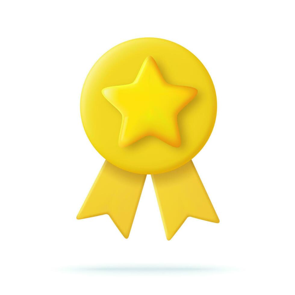 3d Winner medal with star and ribbon. Cartoon minimal style. Premium quality, quality guarantee symbol. 3d rendering Certificate Blank badge icon. Vector illustration