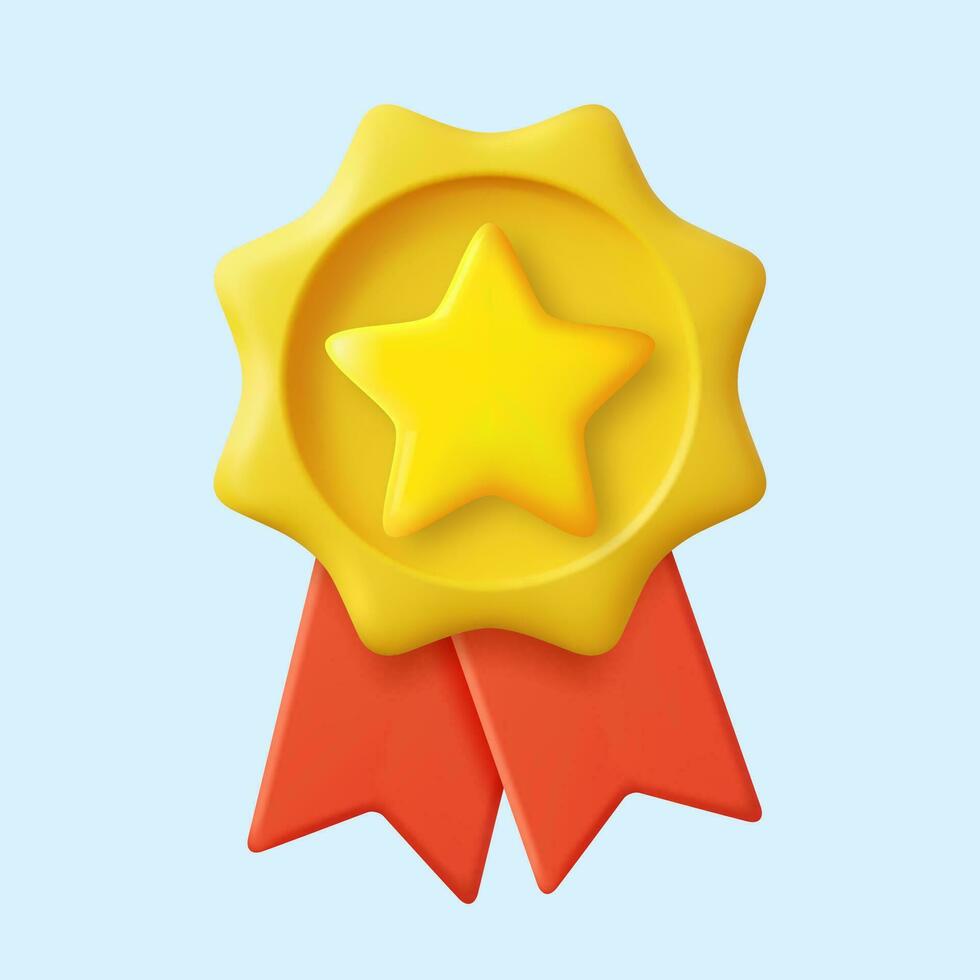 3d ganador medalla con estrella y cinta. dibujos animados mínimo estilo. prima calidad, calidad garantizar símbolo. 3d representación certificado blanco Insignia icono. vector ilustración