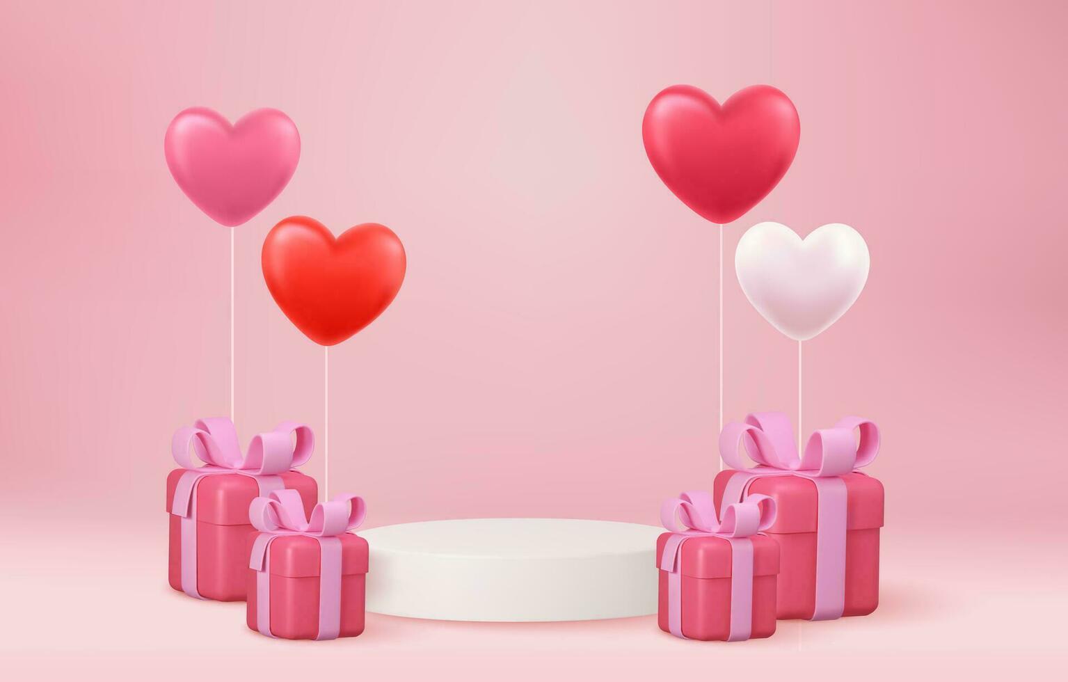 3d mock up Stage podium decorated with heart shape balloons and with gift box. Background for birthday, anniversary, sale, wedding. Web banner. Valentine concept. Vector illustration