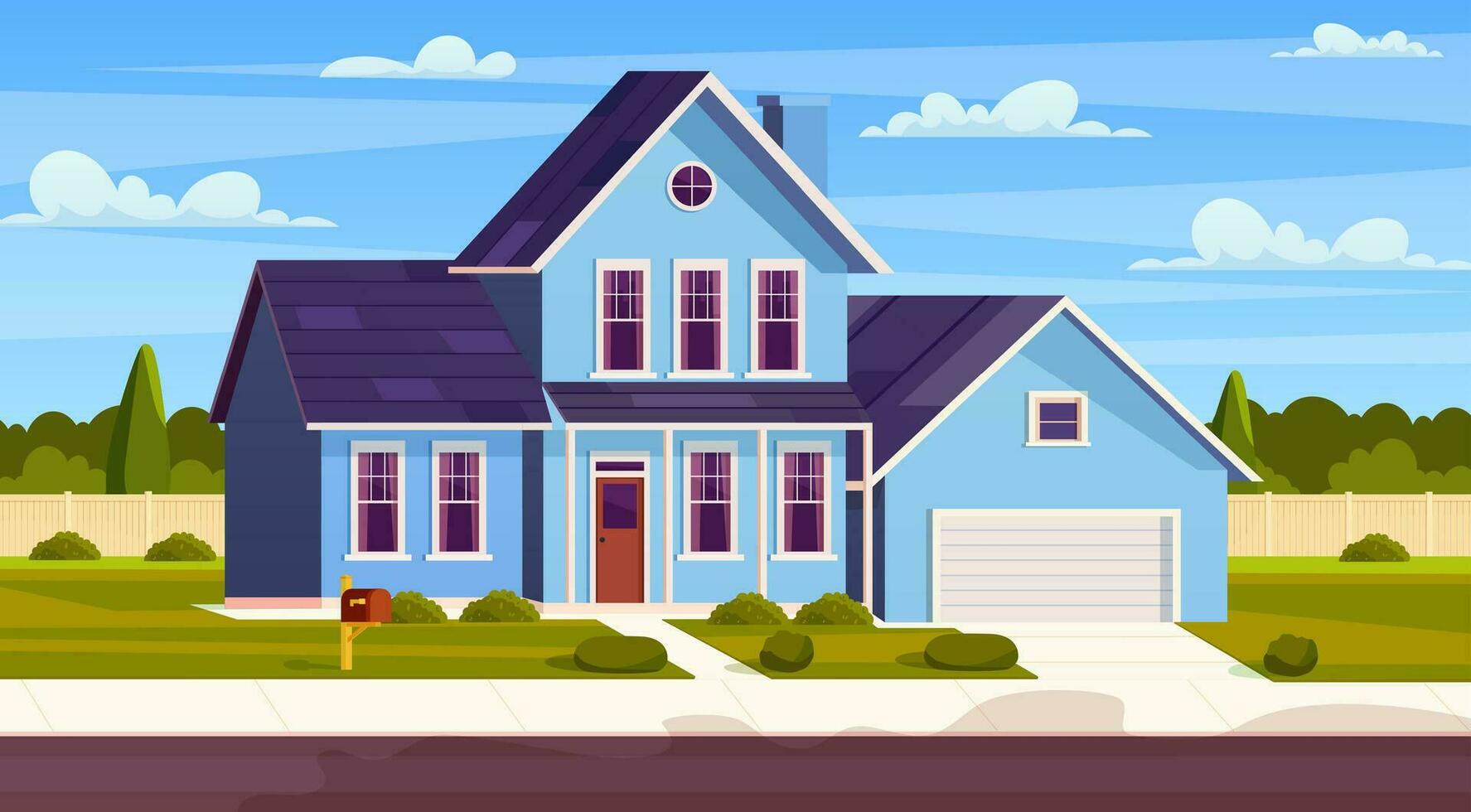 Suburban house, residential cottage, real estate countryside building exterior. Suburban home facade with garden and lawn and garage. Vector illustration in flat style