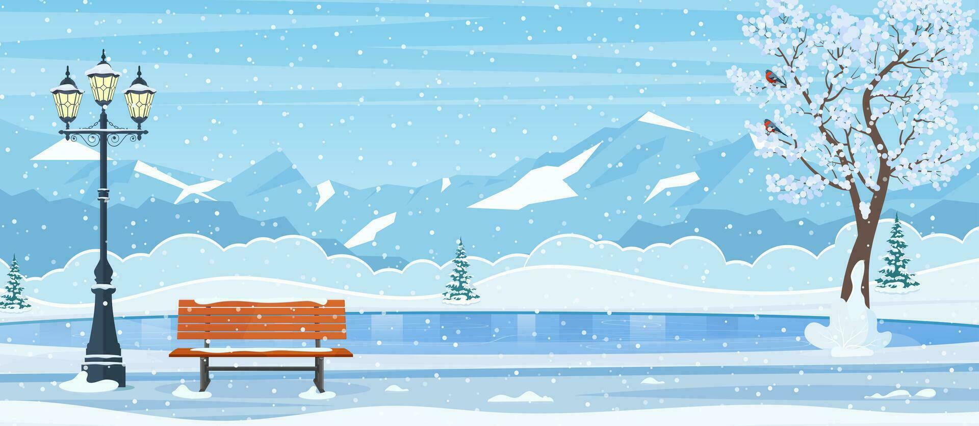 Empty outdoor ice rink for skating and fun winter activities. cartoon frozen landscape. Winter day park scene. Christmas landscape background with smountain Vector illustration in flat style
