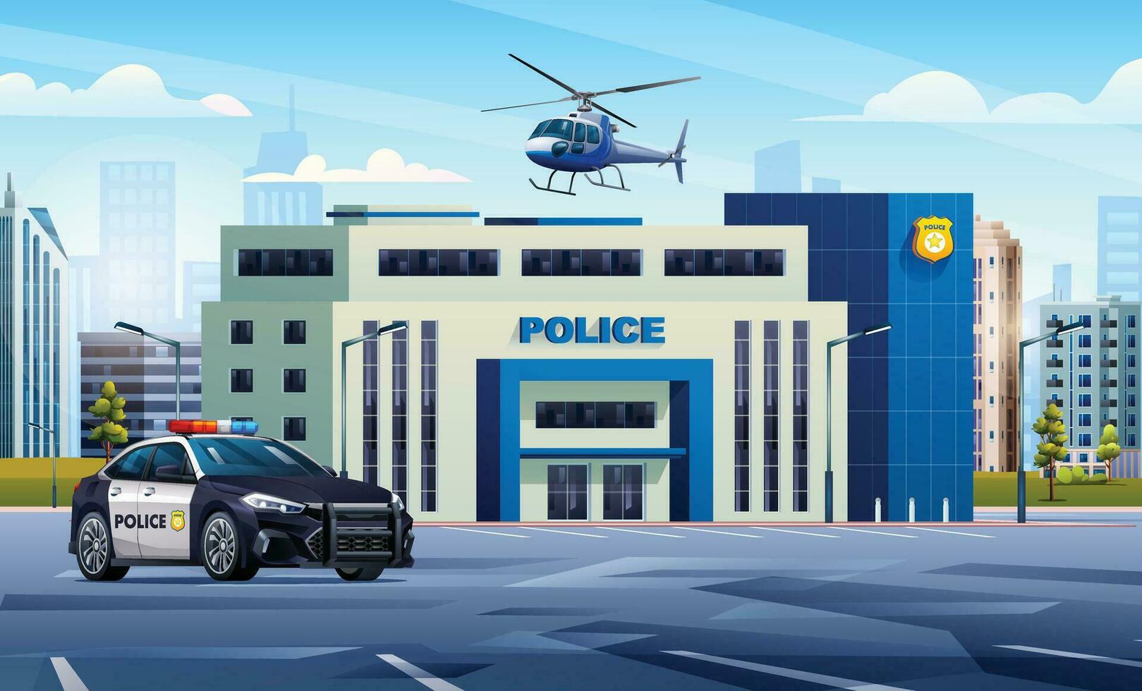 Police station building with patrol car and helicopter on cityscape background. Police department office. City landscape vector cartoon illustration