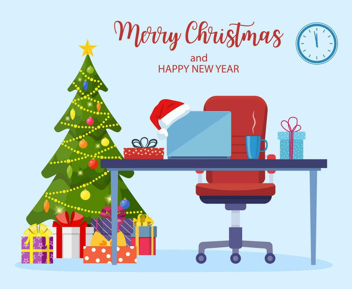 Christmas and New Year in modern office workplace interior Merry christmas holiday. New year and xmas celebration Vector illustration in a flat style