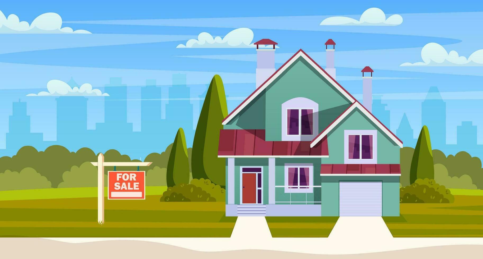 Real estate concept. House for sale. Suburban house with sign for sale and garage. cartoon residential cottage with cityscape on background. Vector illustration in flat style