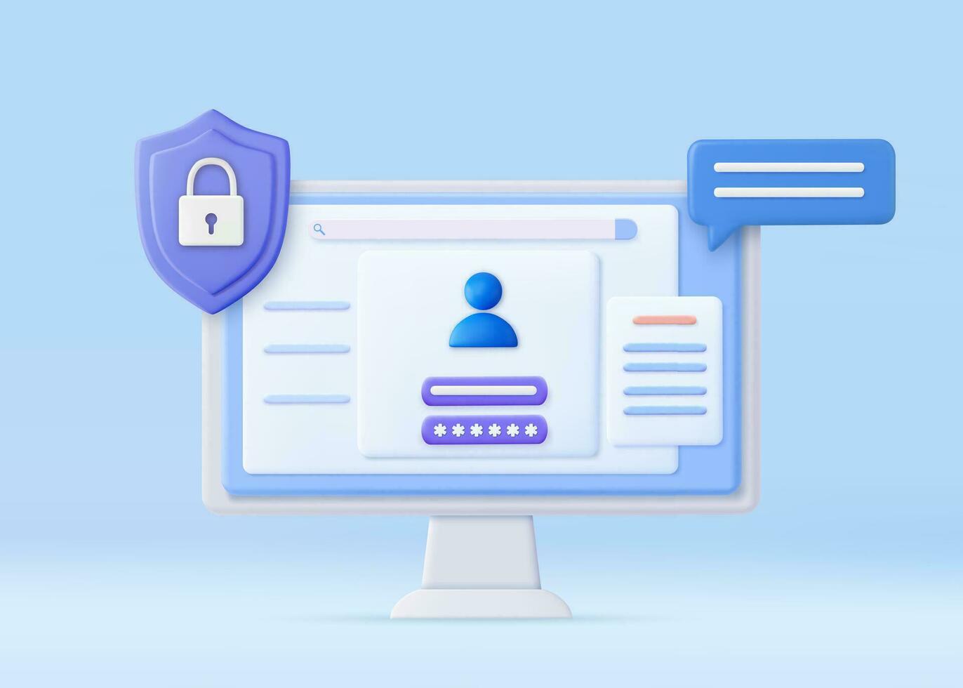 3d Login and password concept. Online file protection system concept with computer and lock. secure login form for personal online account or social media profile. 3d rendering. Vector illustration