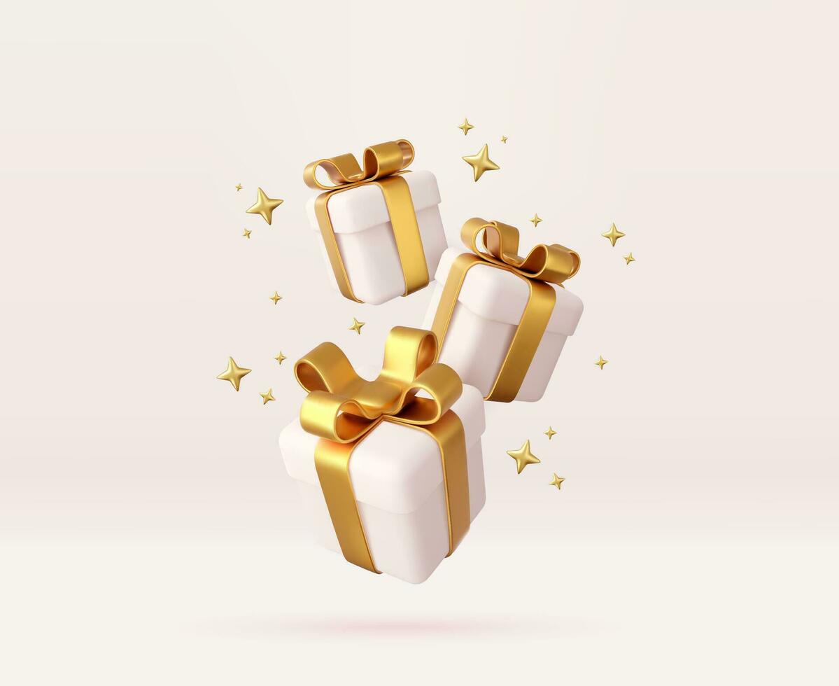 3d white gift boxes with golden ribbon and bow. Birthday celebration concept. Merry New Year and Merry Christmas white gift boxes with golden bows. 3d rendering. Vector illustration