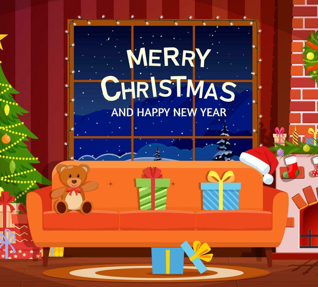 cartoon room interior. Christmas tree, gifts, decoration, sofa, fireplace, santa heat. Merry christmas holiday. New year and xmas celebration. Vector illustration in flat style