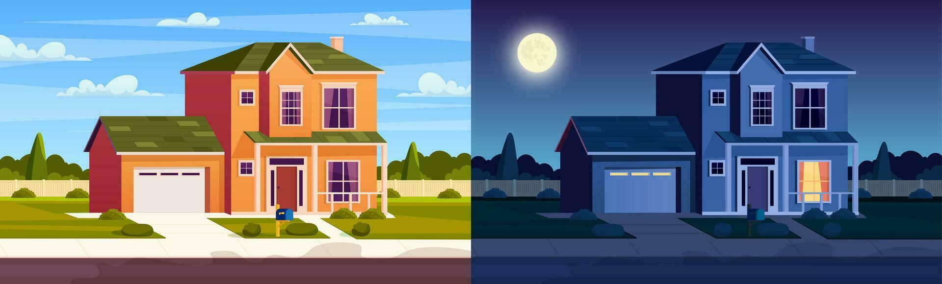 día y noche casa. calle en suburbio distrito con residencial casa. dibujos animados paisaje con suburbano cabaña. ciudad barrio con real inmuebles propiedad. vector ilustración en un plano estilo