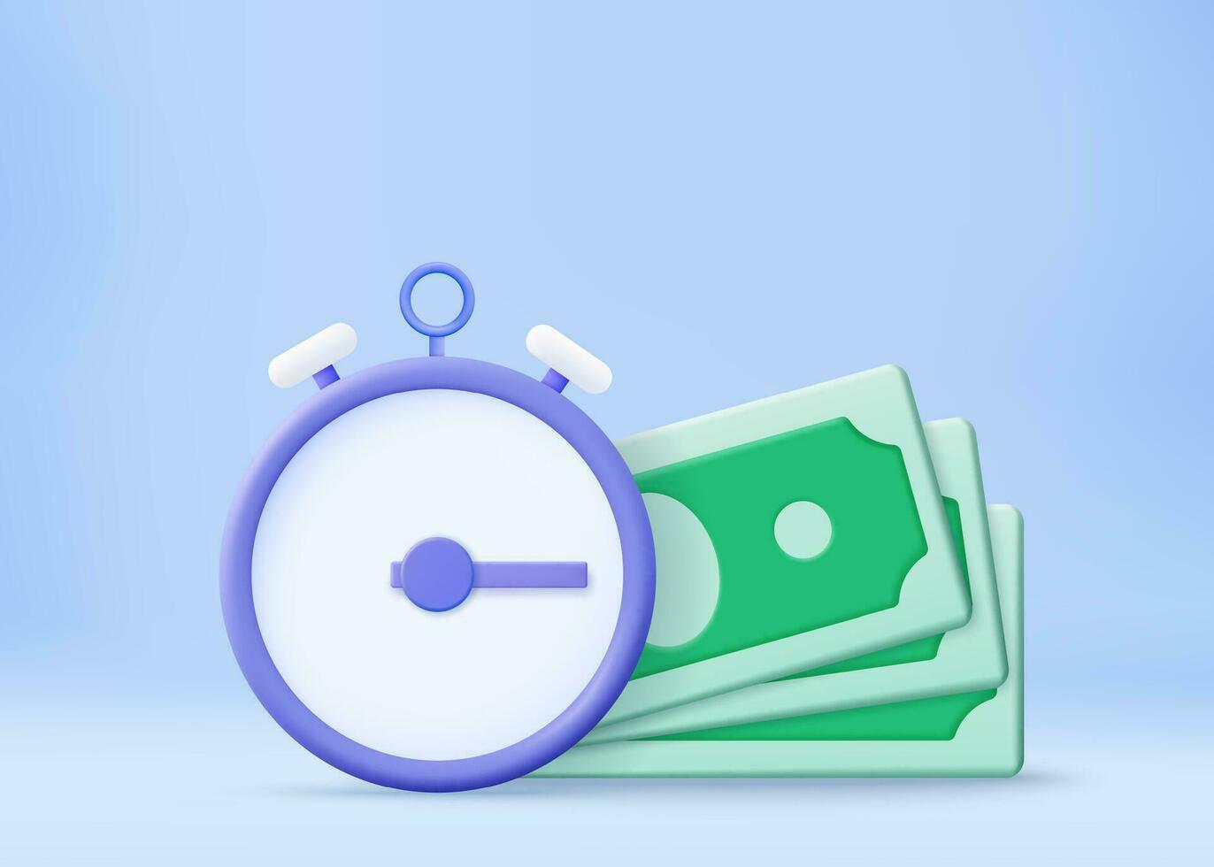 Time is money, business and finance concept. Quick payment, clock and cash, fast loan, easy credit. Time money saving. Timer and finance. Quick money. 3d rendering. Vector illustration