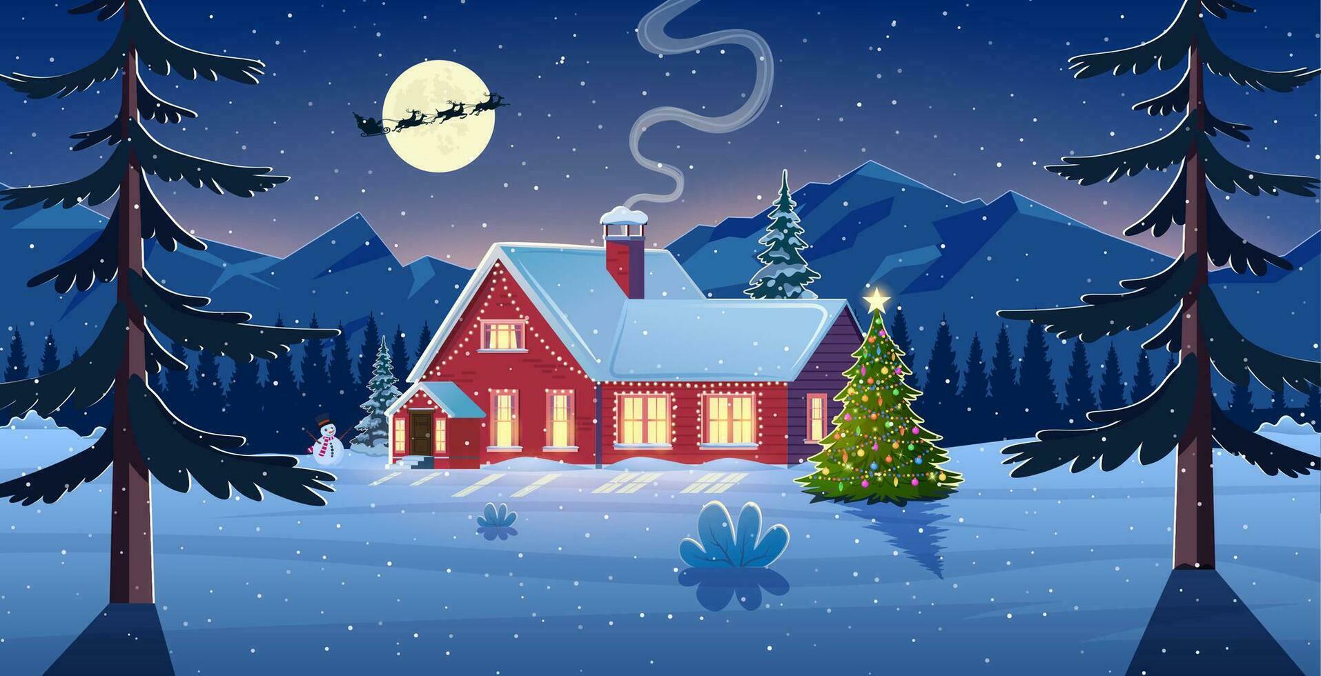 Winter snow landscape and houses with snowflakes falling from sky. Winter leisure, Christmas vacation, snowy hills, tree and fields. Santa Claus with deers in sky. Vector illustration