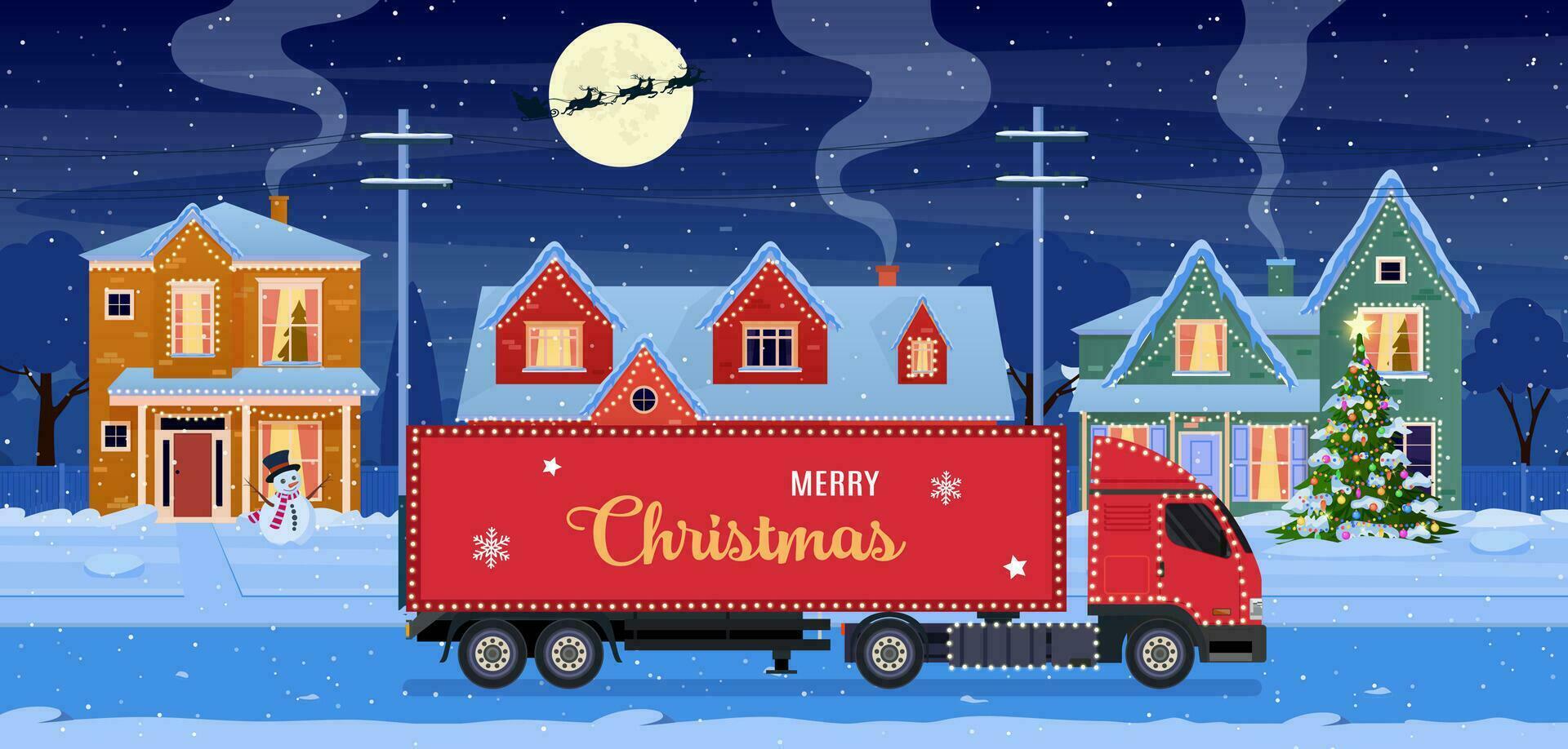residencial casas con Navidad decoración a noche. rojo entrega camión en antecedentes con dibujos animados invierno paisaje. calle y fiesta guirnaldas, Navidad árbol, muñeco de nieve. vector ilustración