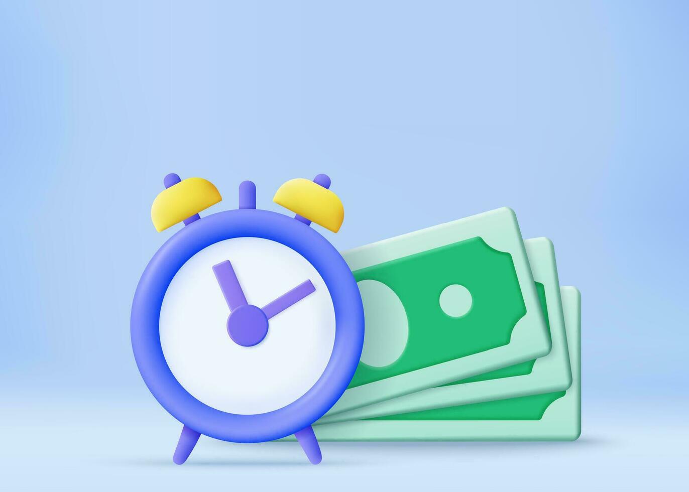 Time is money, business and finance concept. Quick payment, clock and cash, fast loan, easy credit. Time money saving. Timer and finance. Quick money. 3d rendering. Vector illustration