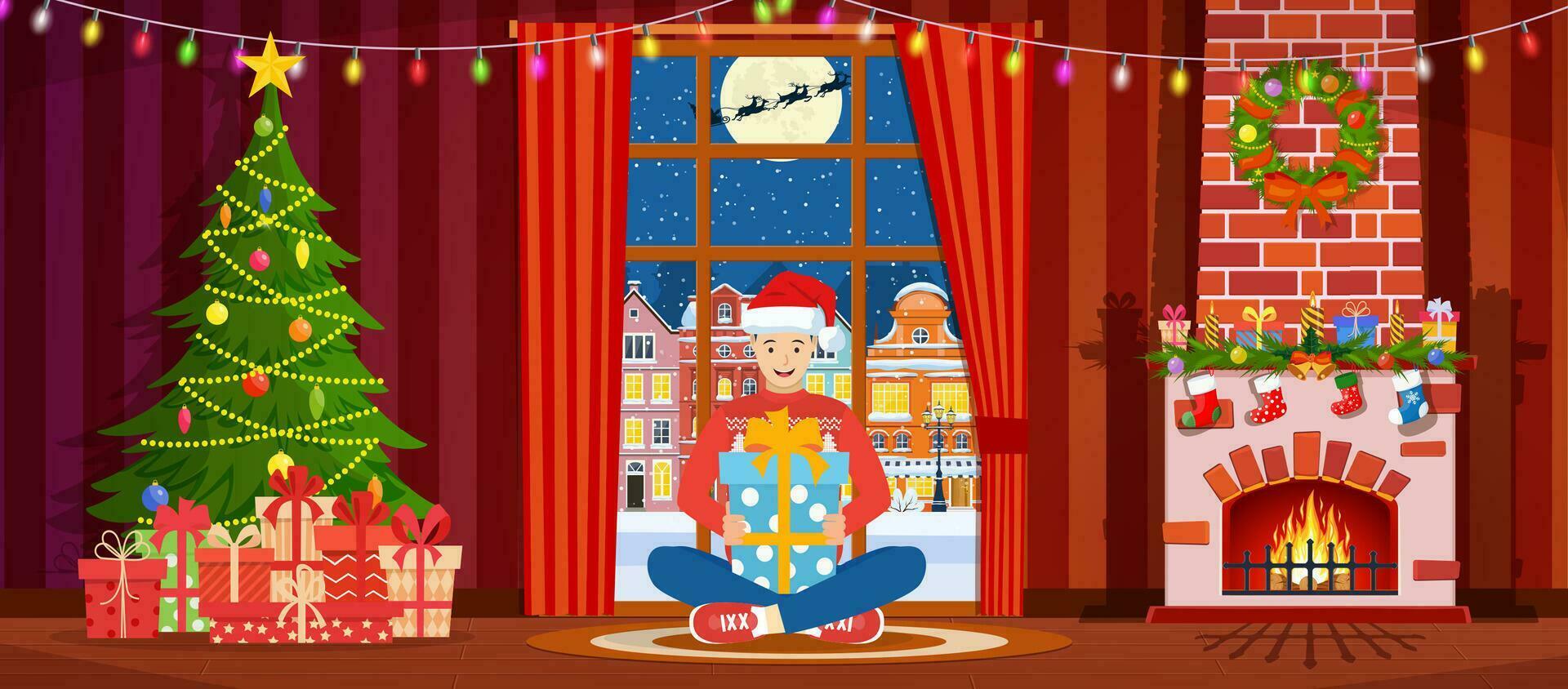 Cozy interior of room with window and fireplace. Happy new year decoration. Merry christmas holiday. New year and xmas celebration. Vector illustration in flat style