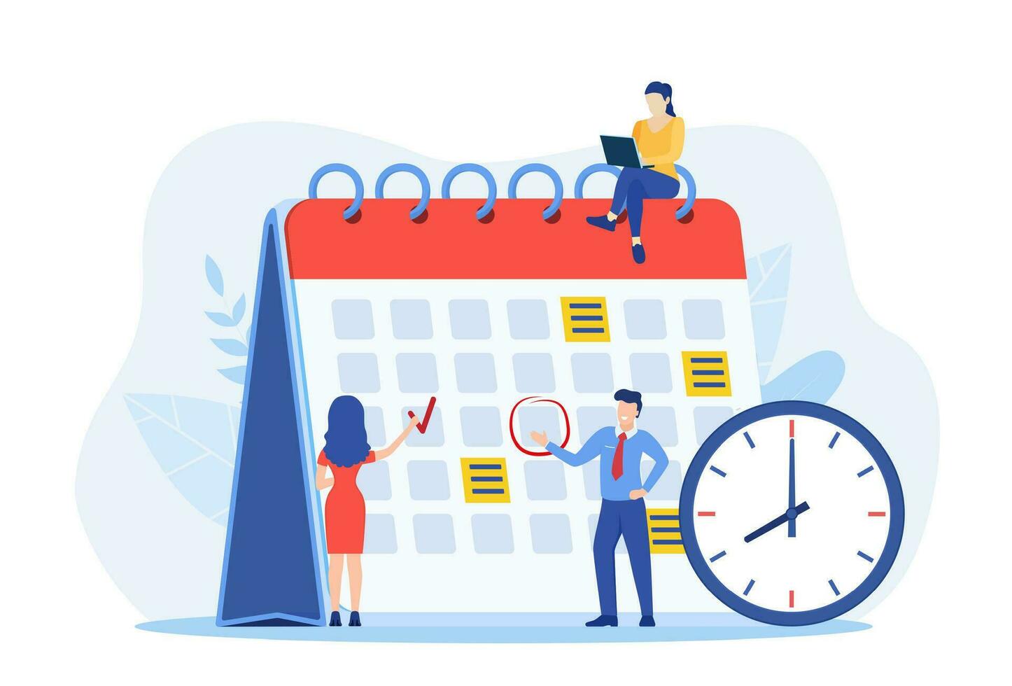 Planning schedule, business event and calendar concept. People with schedule, pen and notes organize meeting. Planning strategy and time management. Vector illustration in flat style