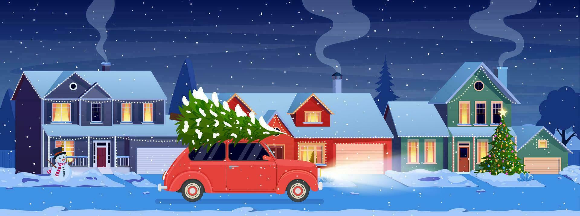 Residential houses with christmas decoration at night. Christmas landscape card design of retro car with christmas tree on the top. Vector illustration