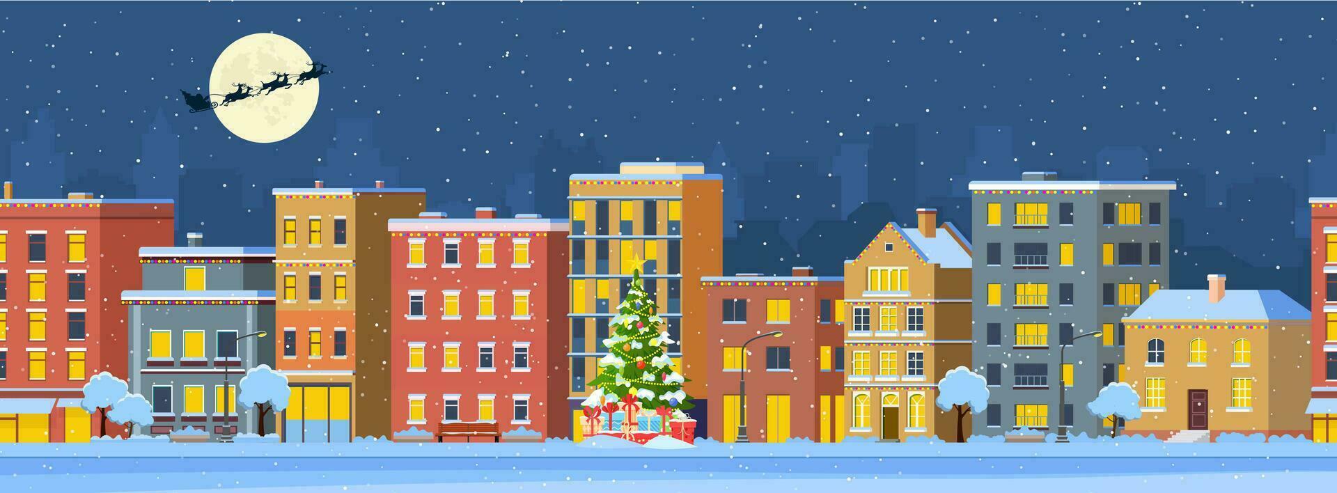 happy new year and merry Christmas winter town street in the night. christmas town city panorama. Santa Claus with deers in sky above the city. Vector illustration in flat style