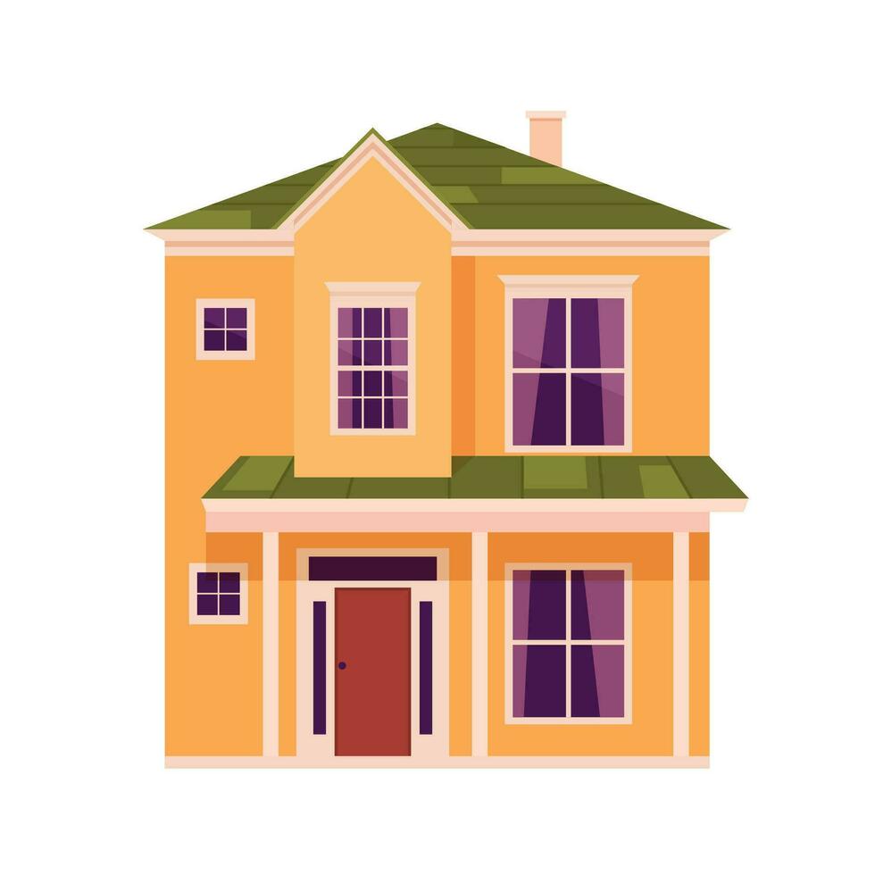 cute cartoon house. House exterior front view in trendy flat style. Townhouse building. Home facade with door and windows. Vector illustration in flat style