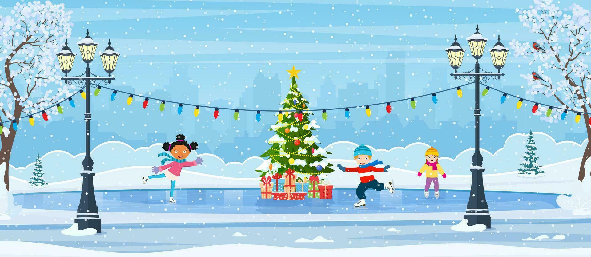 Christmas ice rink with fir tree decorated with illumination. Winter scene with skating children. cartoon frozen landscape. Winter day park scene. Vector illustration in flat style
