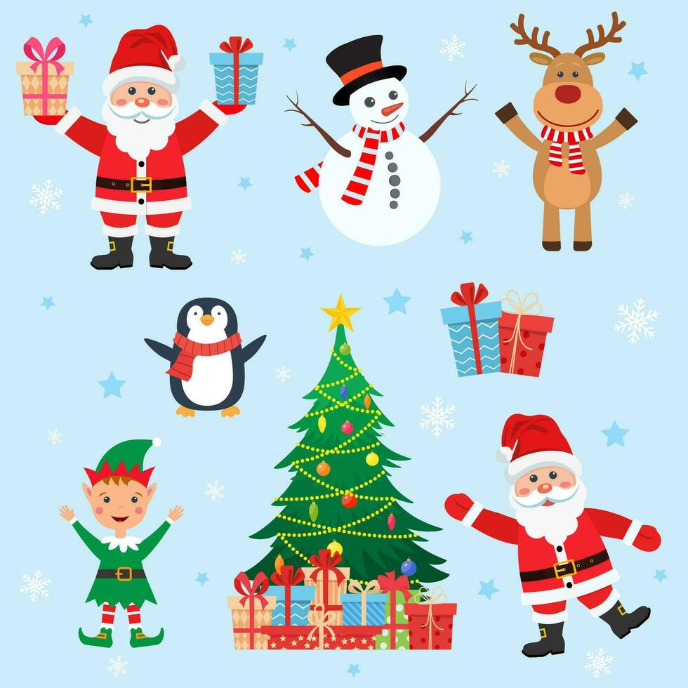 Cartoon Christmas characters. Funny Santa Claus. Reindeer, snowman, penguin, holiday tree, elf. Vector illustration in flat style