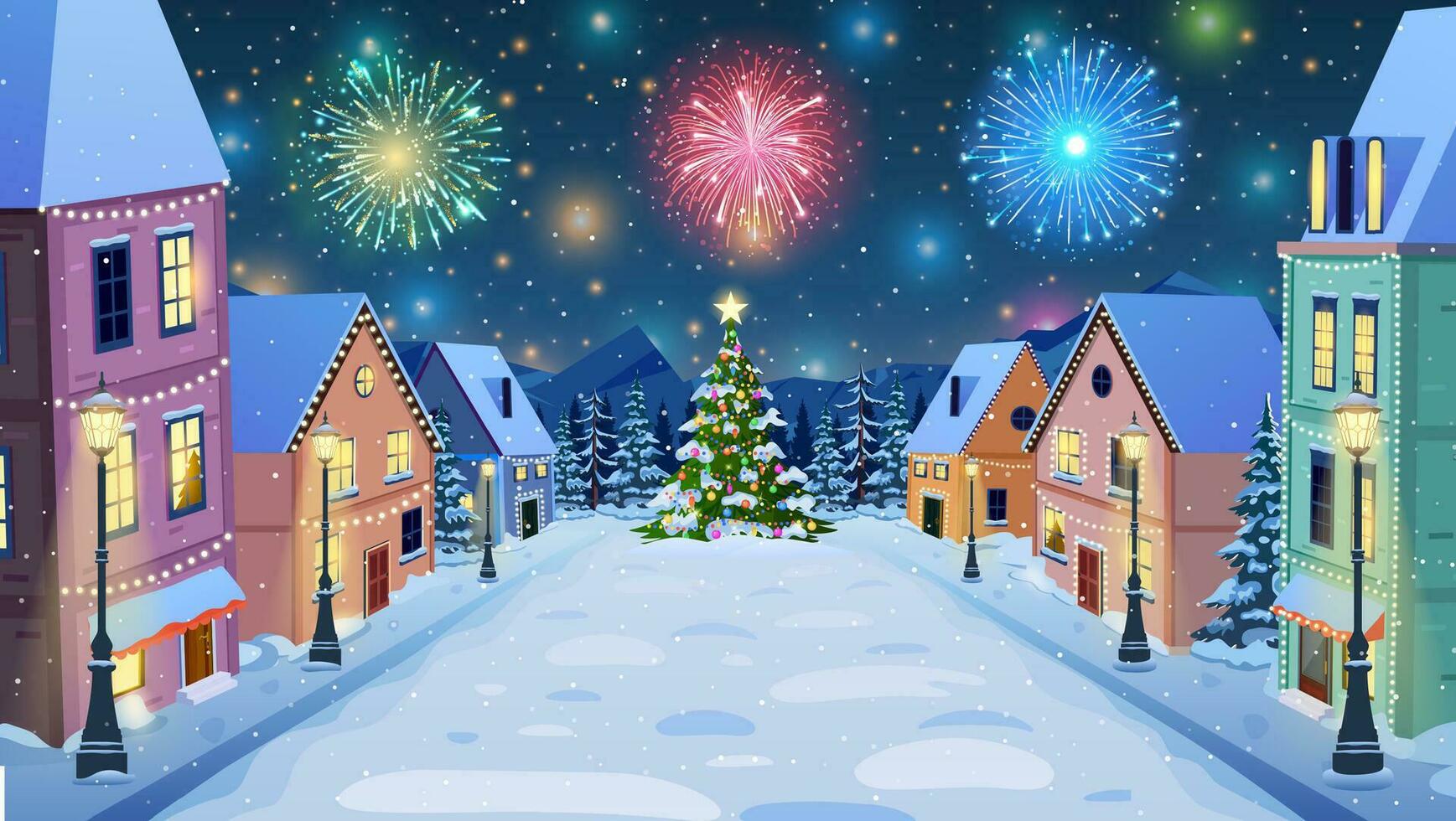 cartoon winter city street with soft street lights in the night in snow fall and christmas tree, fireworks. Merry Christmas and Happy New Year greeting card background poster. Vector illustration