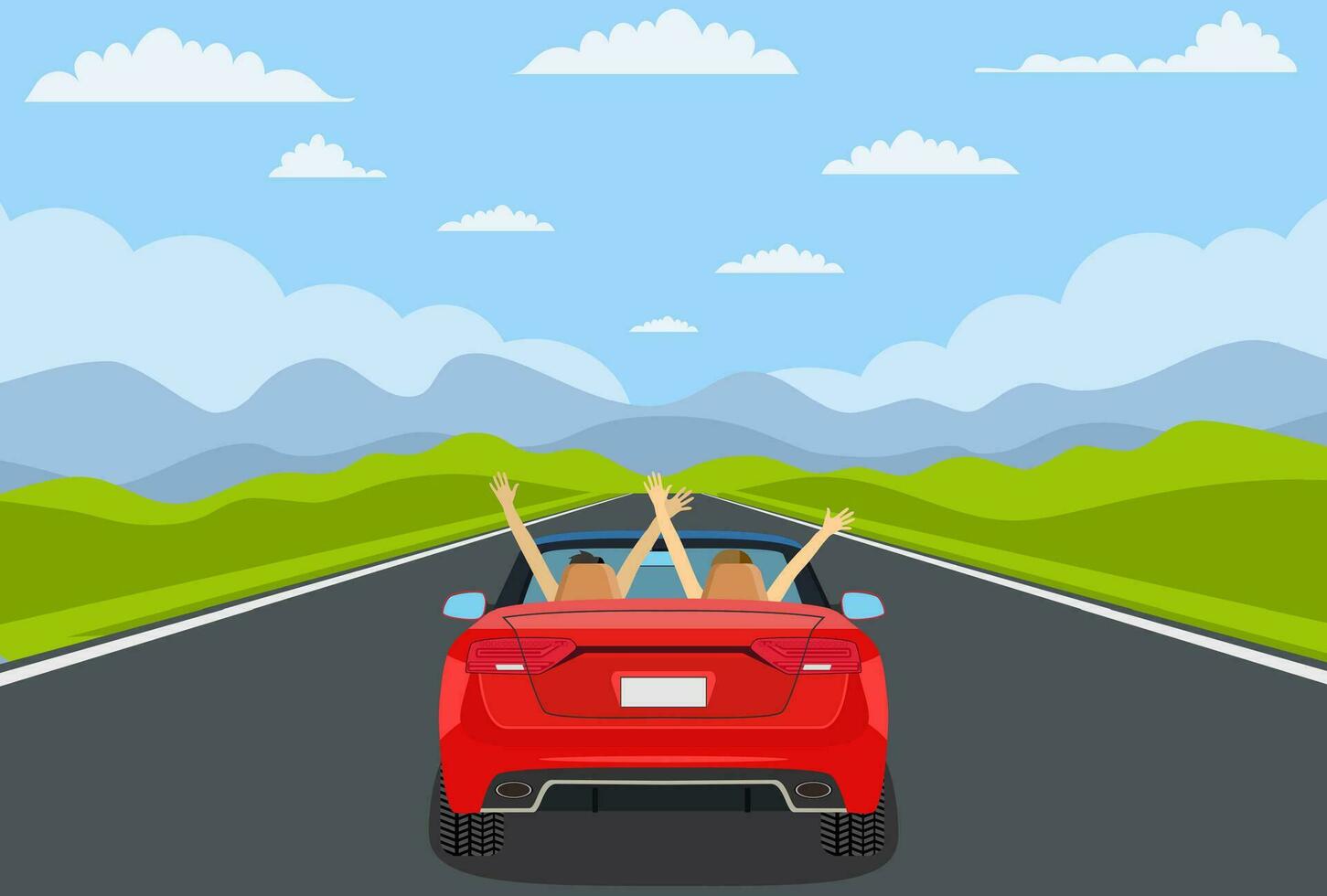 autopista conducir con hermosa paisaje. viaje la carretera coche vista. la carretera con coche. autopista con panorámico puntos de vista. contento gratis Pareja en coche conducción con brazos aumentó. vector ilustración en plano diseño