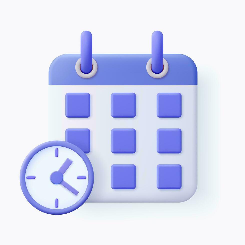 3d calendario icono. reloj mínimo dibujos animados estilo diseño. planificación concepto. día mes año hora concepto. sitio web bandera. 3d representación. vector ilustración