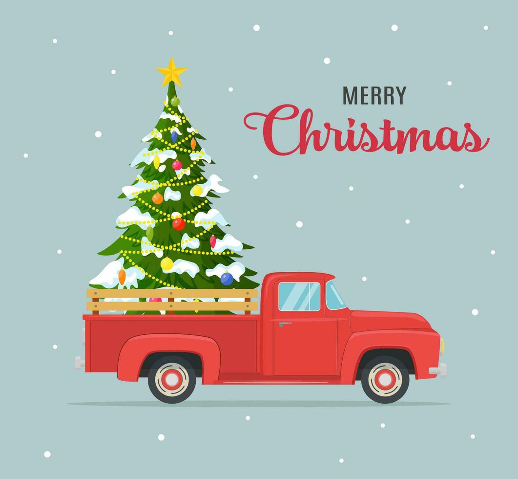 Christmas card or poster design with retro red pickup truck with christmas tree on board. Template for new year party or event invitation or flyer. Vector illustration in flat style