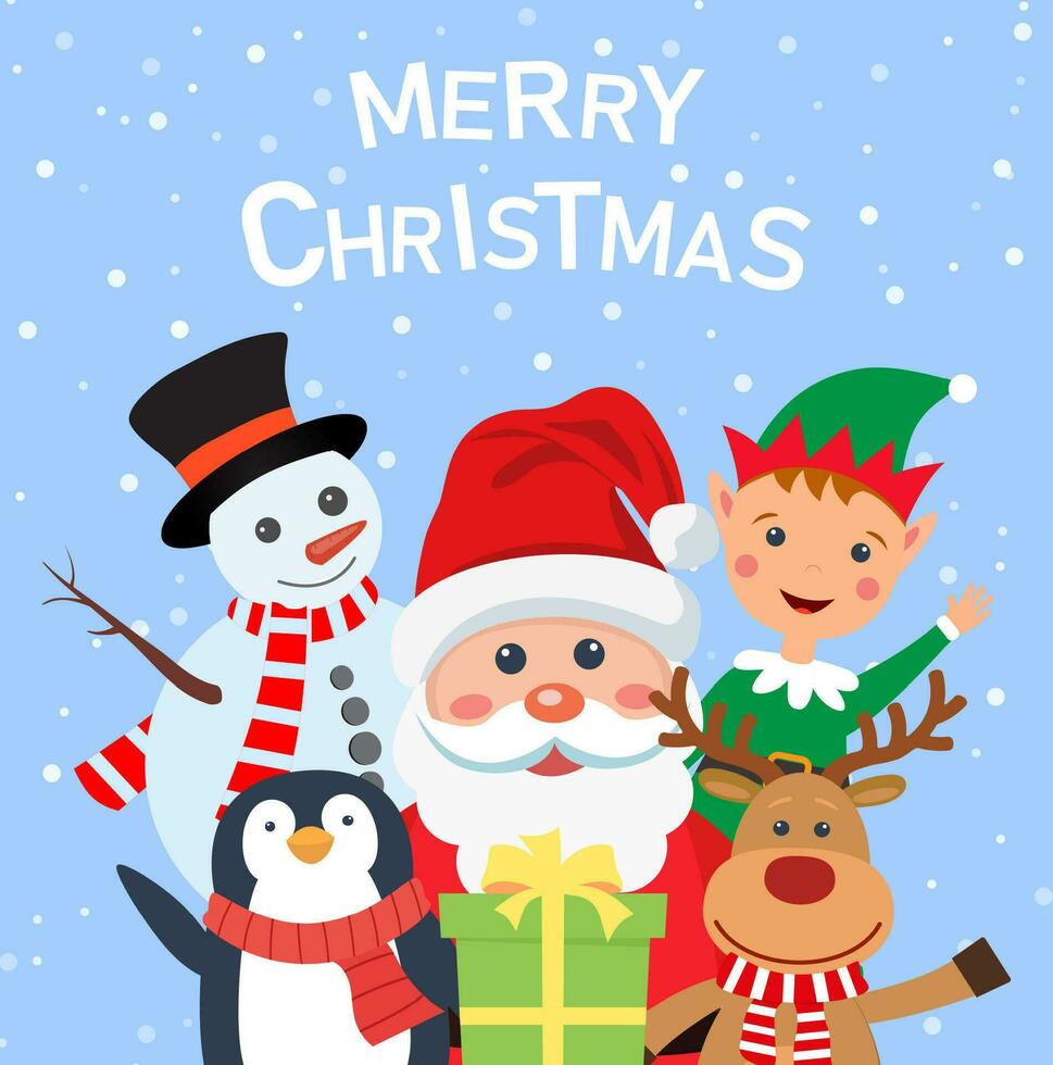 merry christmas and happy new year background and card, santa claus, reindeer, snowman, penguin cartoon cute. Vector illustration in flat style