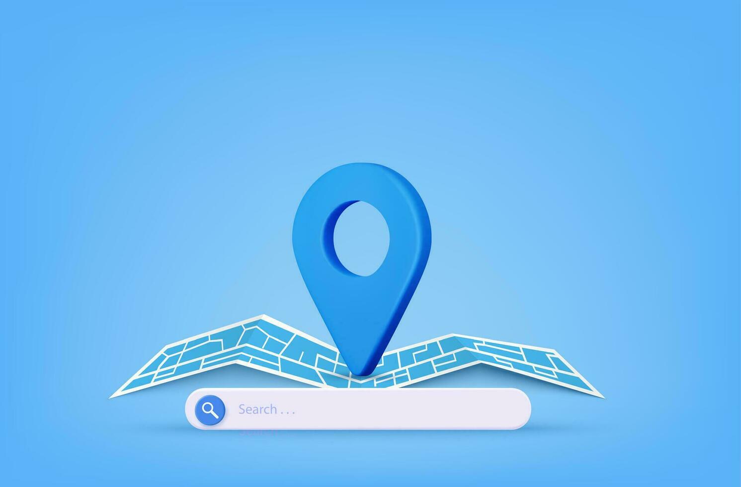 3d render pin pointer and Map location search GPS, travel navigation concept and or internet search bar technology. Paper map, banner, website. Vector illustration