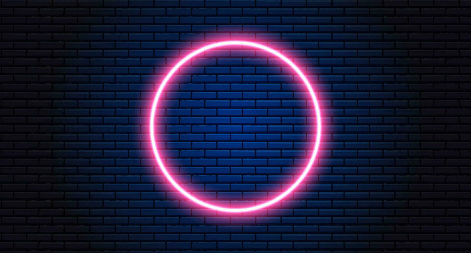 neon circle on black background. Futuristic Sci Fi Modern Neon Glowing Circle Frame for Banner on Dark Empty Brick Background. Retro Neon Sign. Vector illustration.