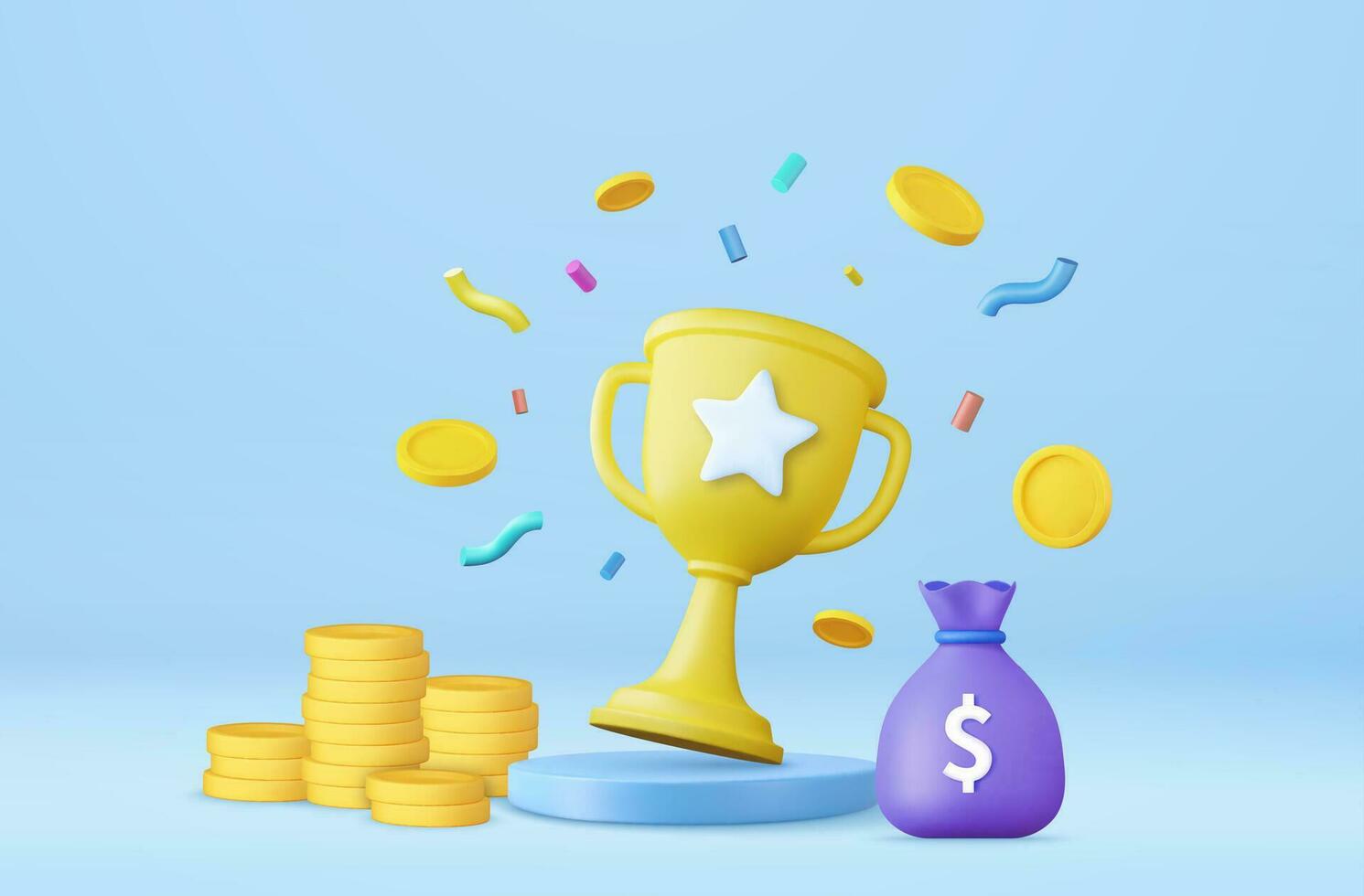 3d winners golden cup and money coin and bag, gold winner stars on podium background. Award ceremony concept on pedestal with cartoon style. 3d rendering. Vector illustration