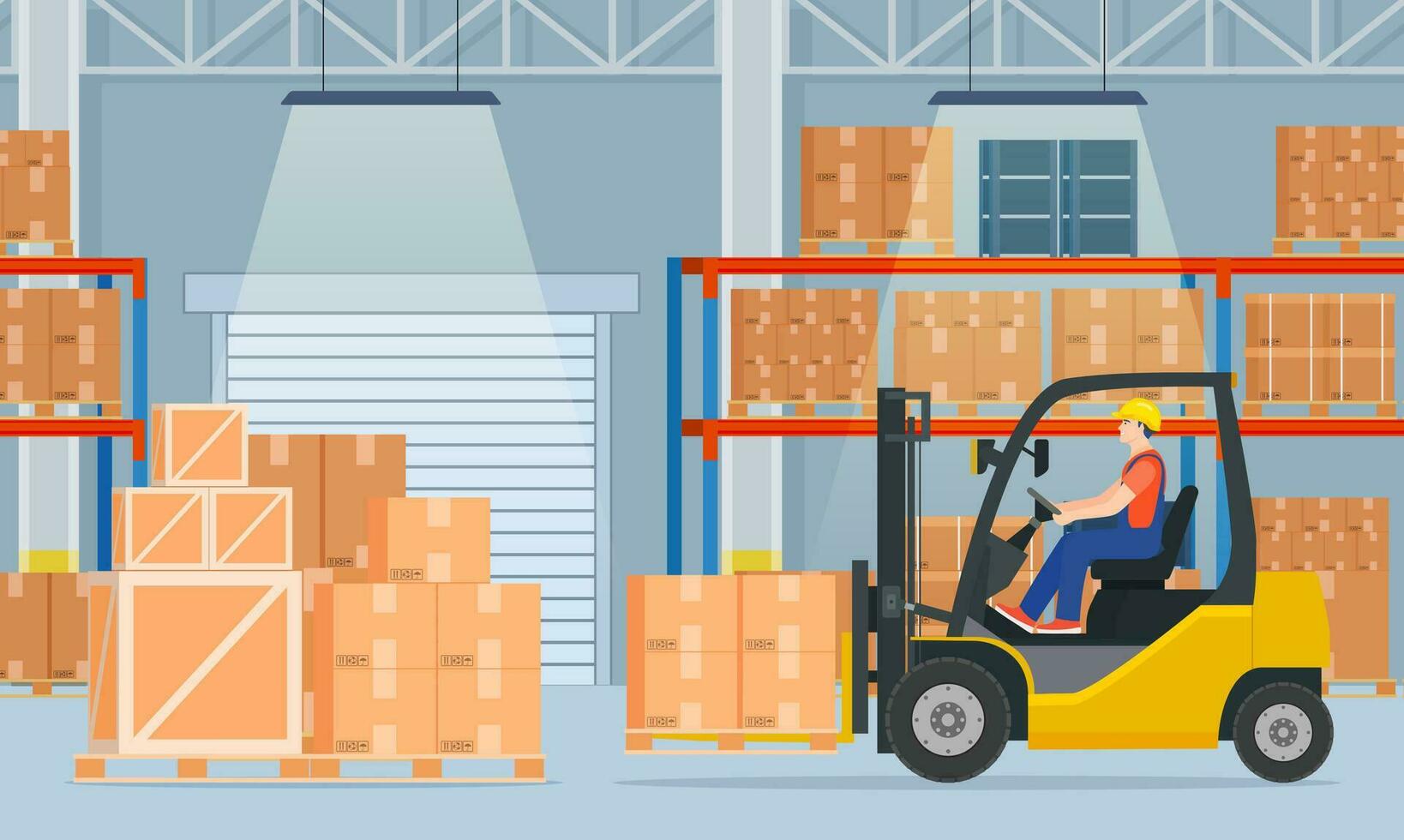 Warehouse interior with cardboard boxes on metal racks. Warehouse interior with goods, pallet trucks, forklift truck and container package boxes. Vector illustration in flat style