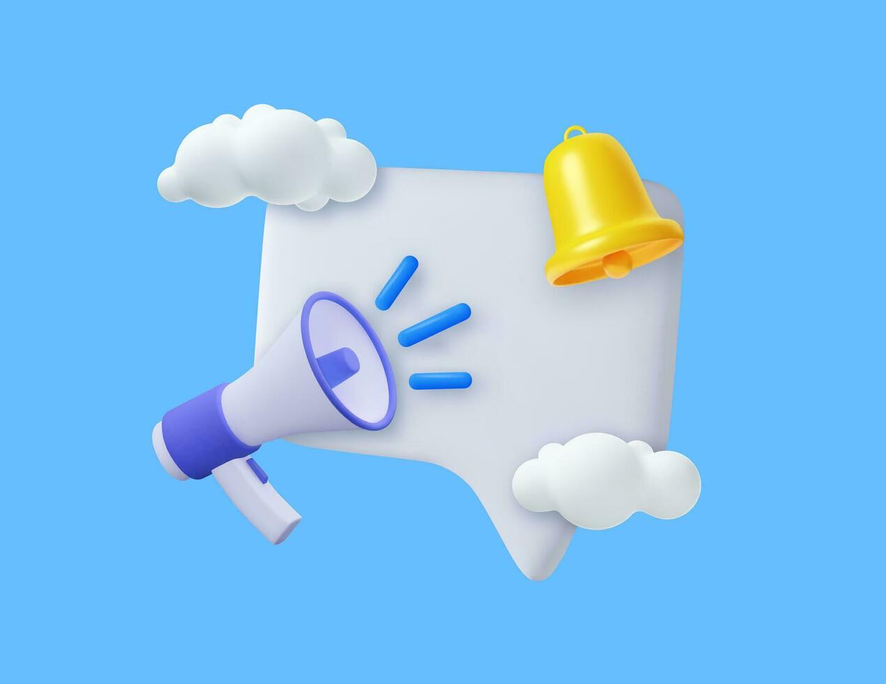 3D Megaphone with speech bubble message and bell notification. News and loudspeaker. Social media promotion and announce. Marketing concept. . 3D Rendering. Vector illustration