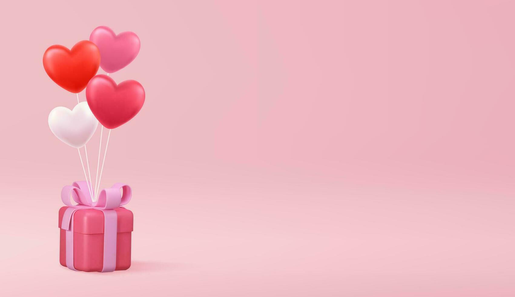 Valentine s day concept. 3D heart hot air flying with gift box on pink background. Love concept for happy mother s day, valentine s day, birthday day. Vector illustration