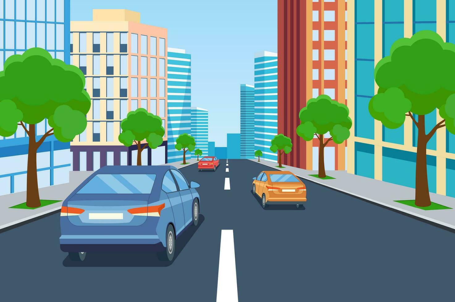highway drive with beautiful landscape. Travel road car view. Road with cars leading to the city.. City traffic on highway with panoramic views vector illustration in flat design