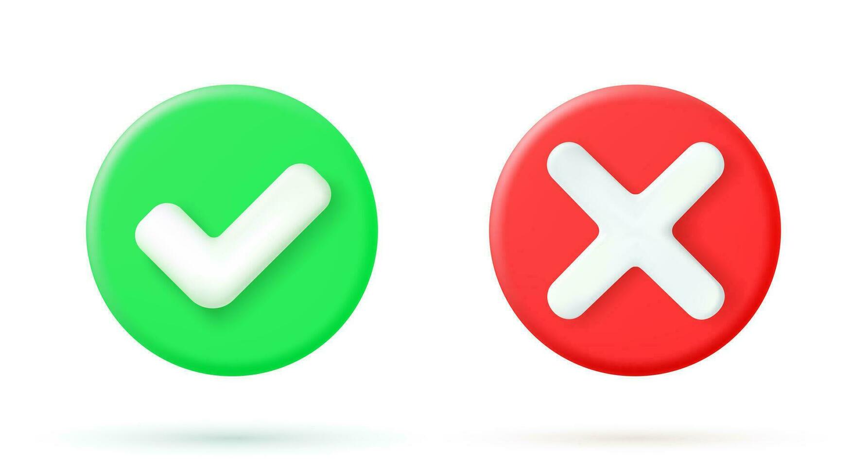 Green tick check mark and cross mark symbols icon element, Simple ok yes no graphic design, right checkmark symbol accepted and rejected, 3D rendering. Vector illustration