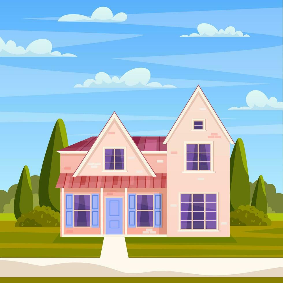 retro style building. Cartoon apartment house on nature landscape. Suburban house, residential cottage, real estate countryside building. Vector illustration in flat style