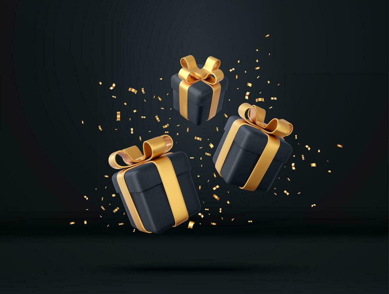 3d black gift boxes with golden ribbon and bow and sequins confetti. Birthday celebration concept. Merry New Year and Merry Christmas gift boxes with golden bows. 3d rendering. Vector illustration