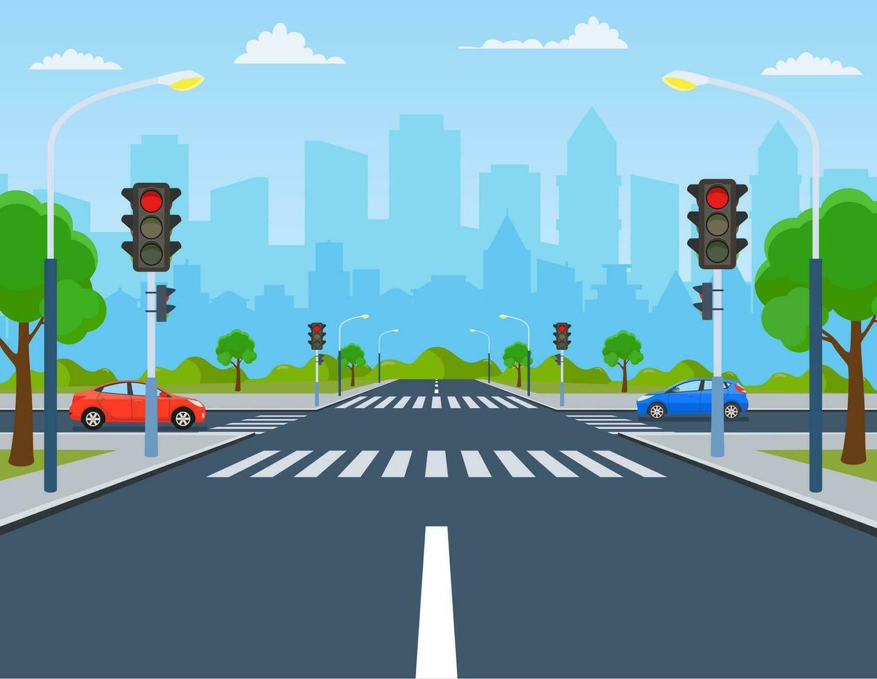 ciudad cruce de caminos con carros, la carretera en paso de peatones con tráfico luces. marcas y acera para peatones carretera, concepto. vector ilustración en plano estilo