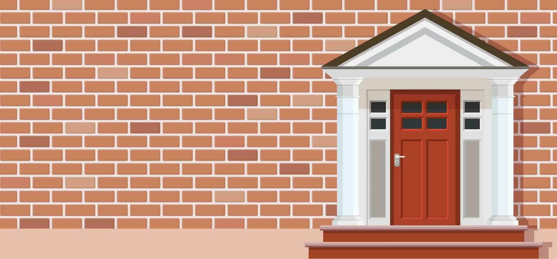 Wooden door of brick house front view, architecture background, building home real estate backdrop. Vector illustration in flat style