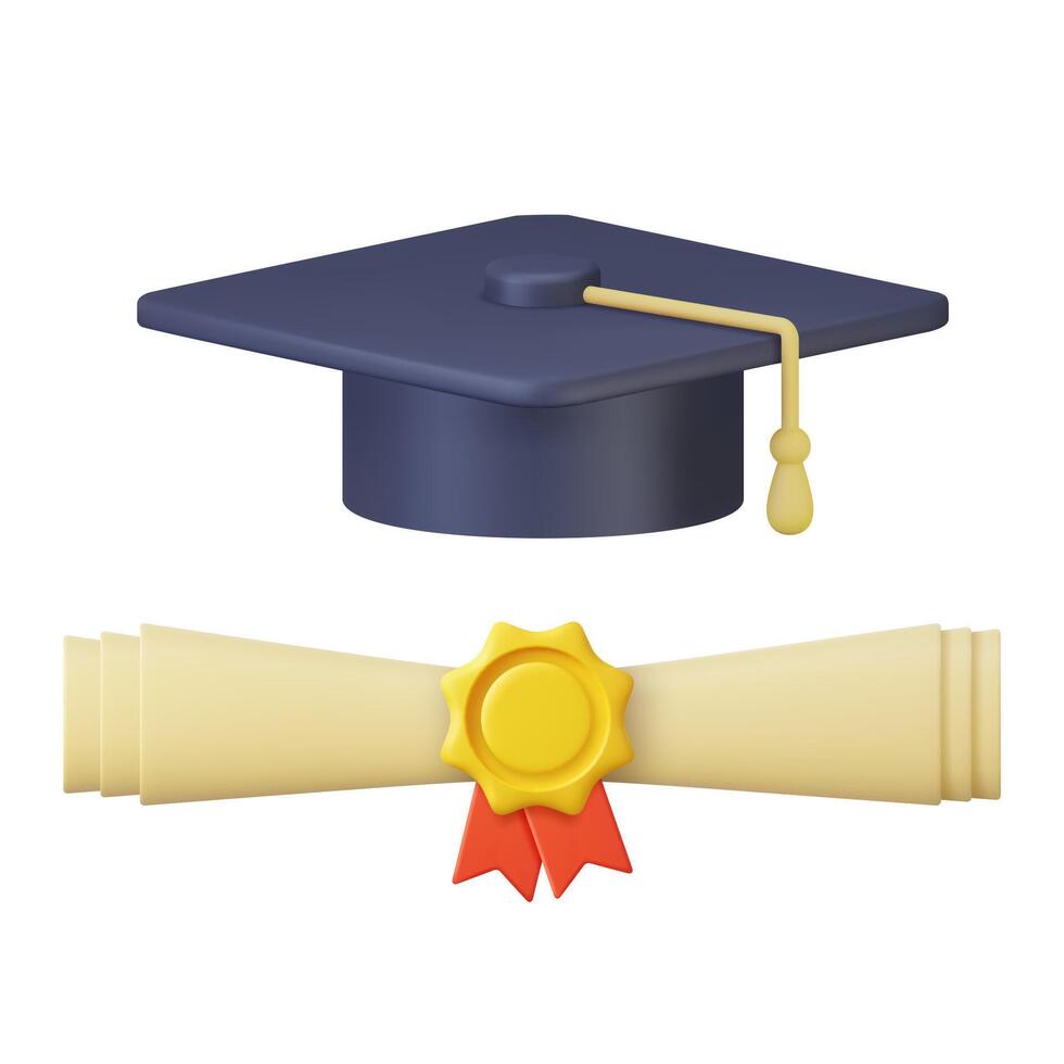 3d graduation hat and diploma cartoon. 3d rendering university student cap mortarboard and diploma graduation concept. Vector illustration