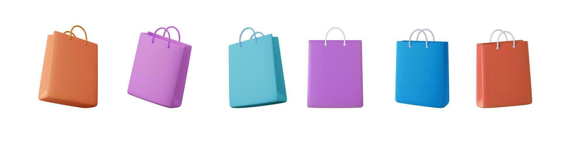 3d Set of colour realistic shopping bags. Stylish fashionable bag isolated on white background. Sale, discount, promotion, Online shopping concept. Banner template. 3d rendering. Vector illustration