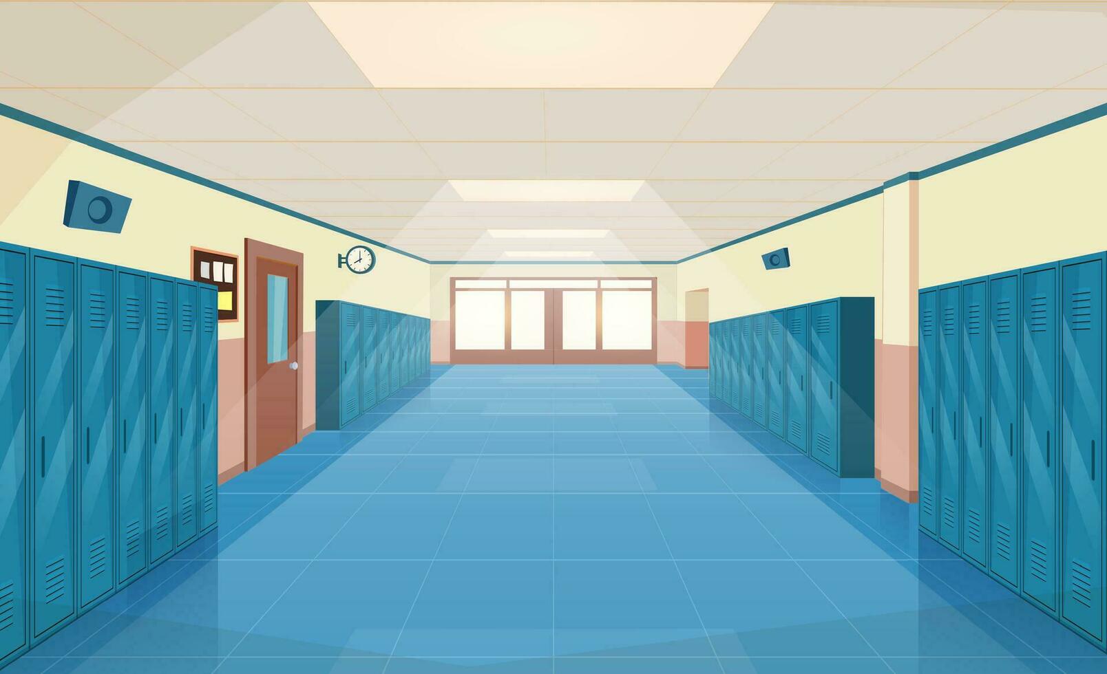 School hallway interior with entrance doors, lockers and bulletin board on wall. empty corridor in college, university with closed classrooms doors. Vector illustration in a flat style