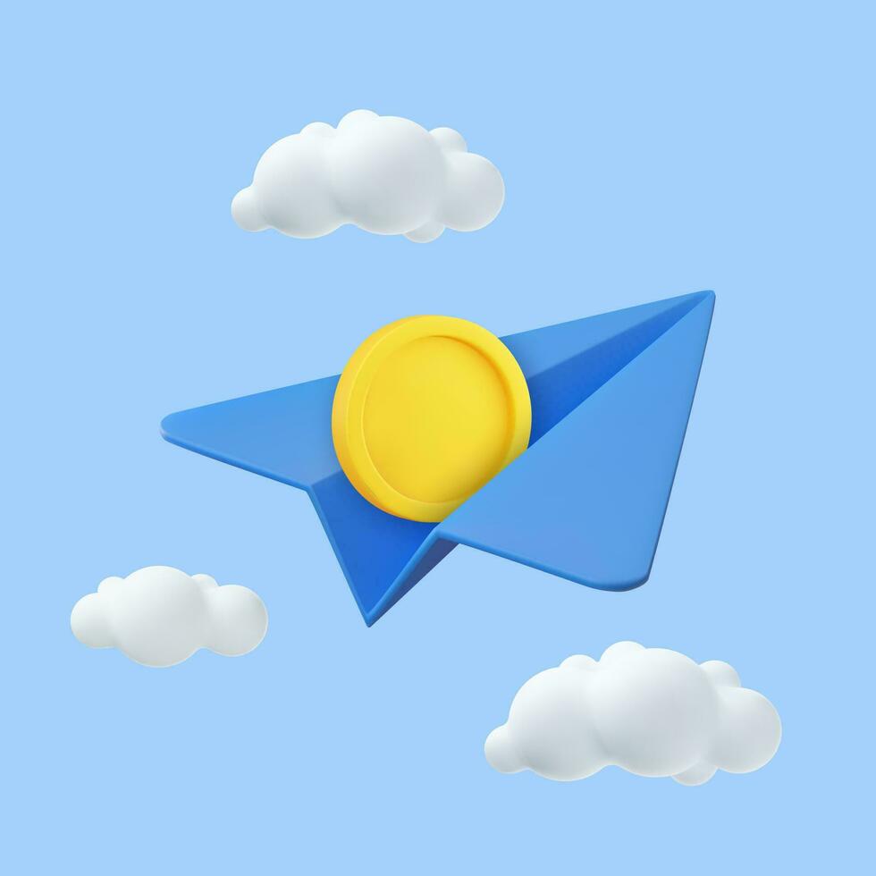 3d paper airplane and coins with clouds Minimal cartoon cute smooth. creative vision leadership concept. Modern trendy design. business finance investment. 3d rendering. Vector illustration