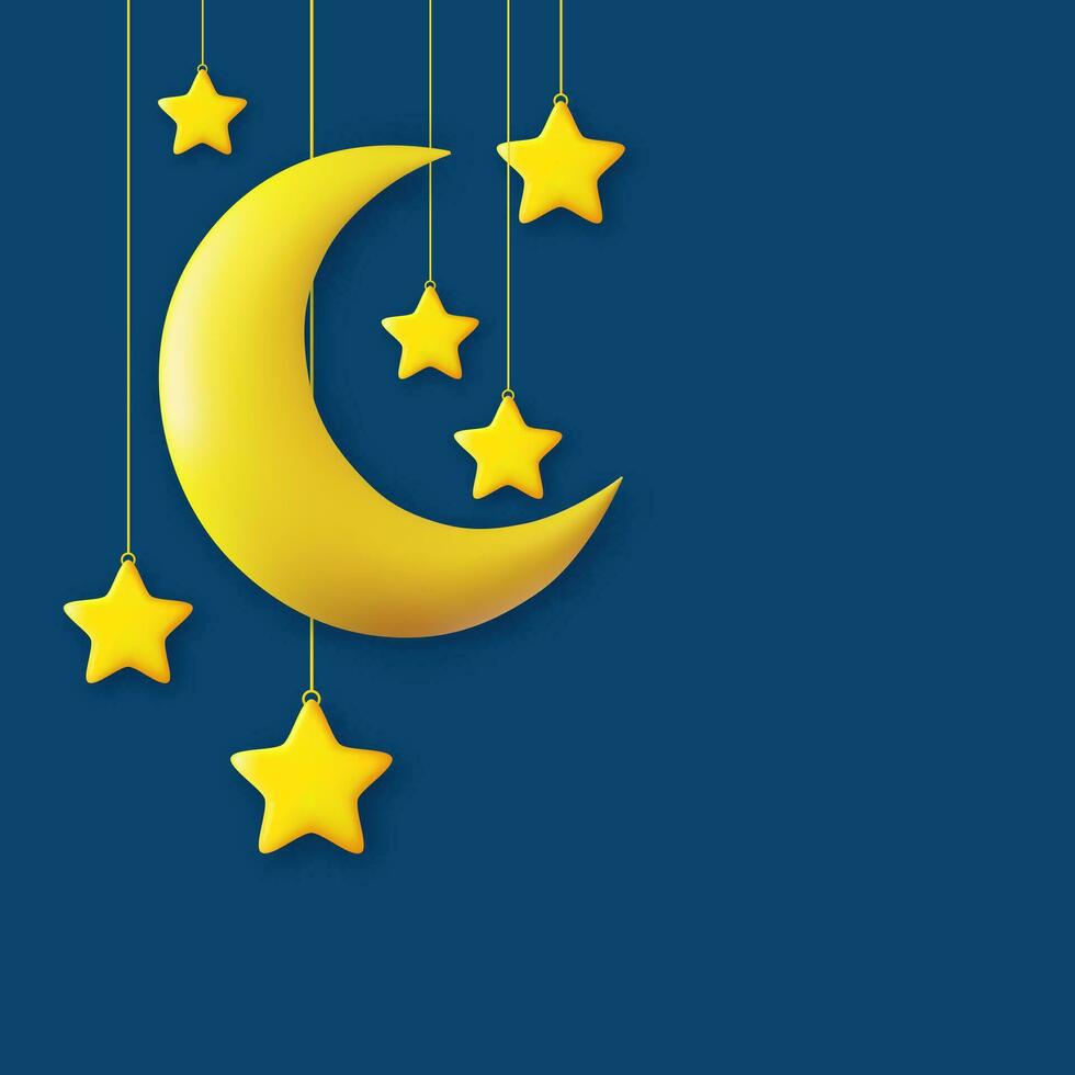 Abstract moon or crescent with hanging stars. Half month and stars yellow. Realistic 3d symbol design. Moon or crescent. Space futuristic creative design. 3d rendering. Vector illustration
