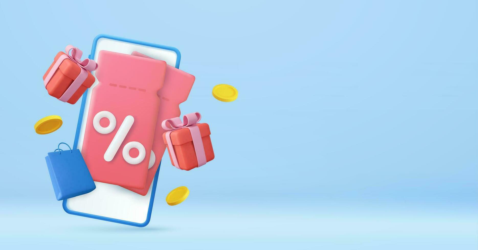 3D render price tag with percentage sign with floating coins. Shopping Discount offer icon, symbol. Price tag, gift tag, For profitable purchases. 3d rendering. Vector illustration